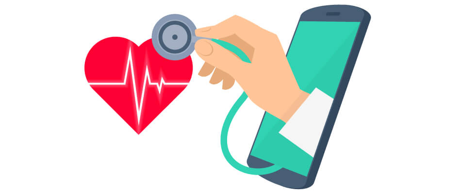 animated cartoon of a dr. hand checking a heart pulse through a mobile device.