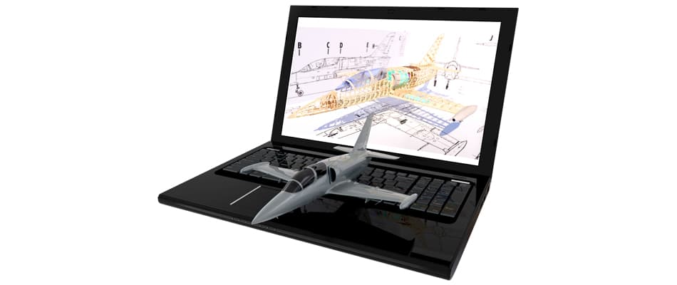 Laptop displaying 3D image of an aircraft model that is on the mouse pad.