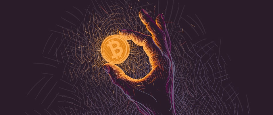glowing bitcoin coin hand