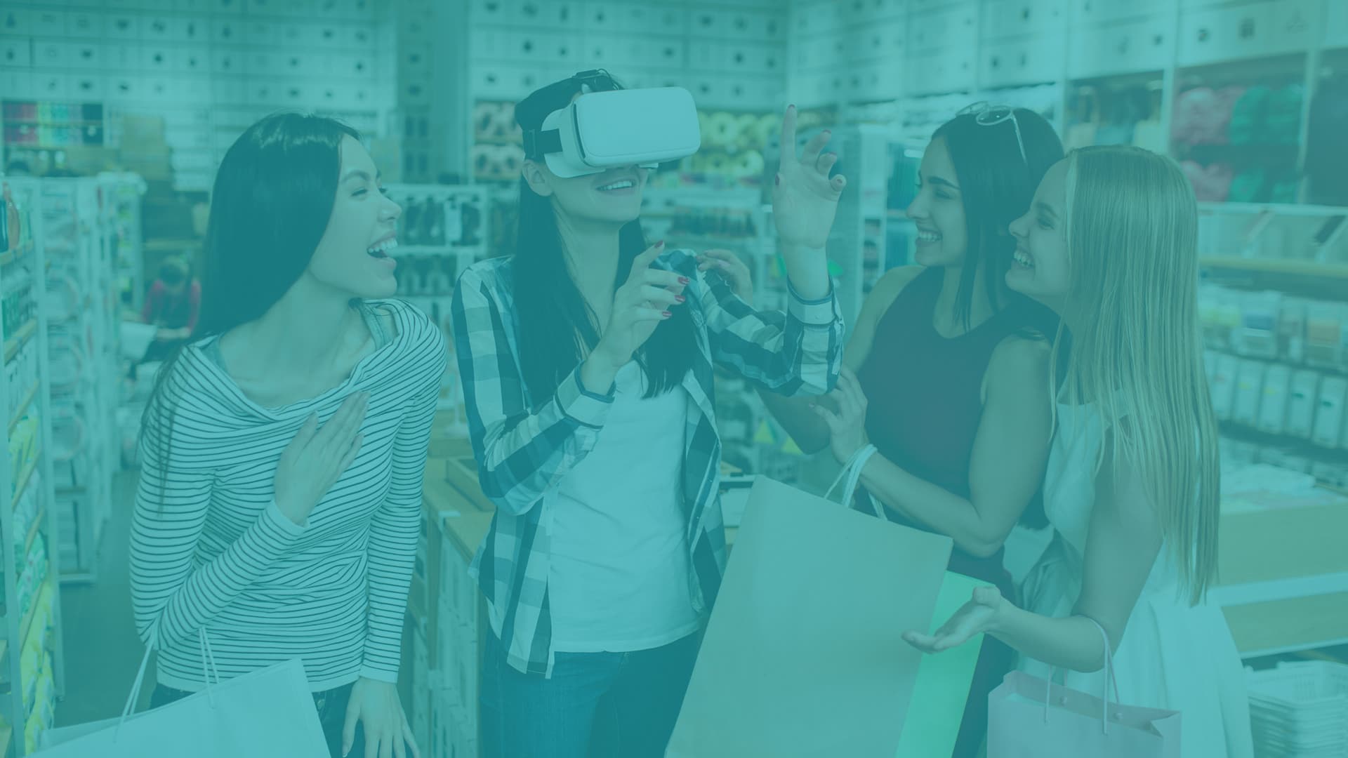 : girls shopping with vr headset 