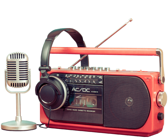 radio microphone, radio, and headphone