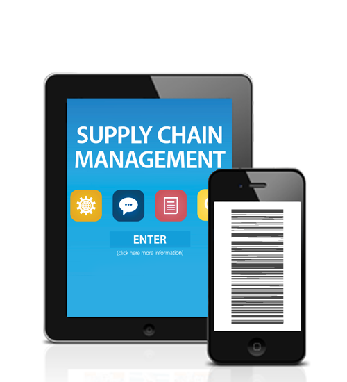 Tablet and mobile phone displaying supply chain and barcode features from warehouse app for inventory management.