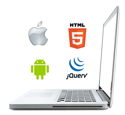 Laptop with technology logo of Apple iOS, HTML, Android and jquery on it