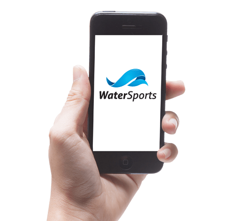 Mobile in hand with water sport app opened