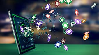 online casino graphic with poker chips coming out of screen